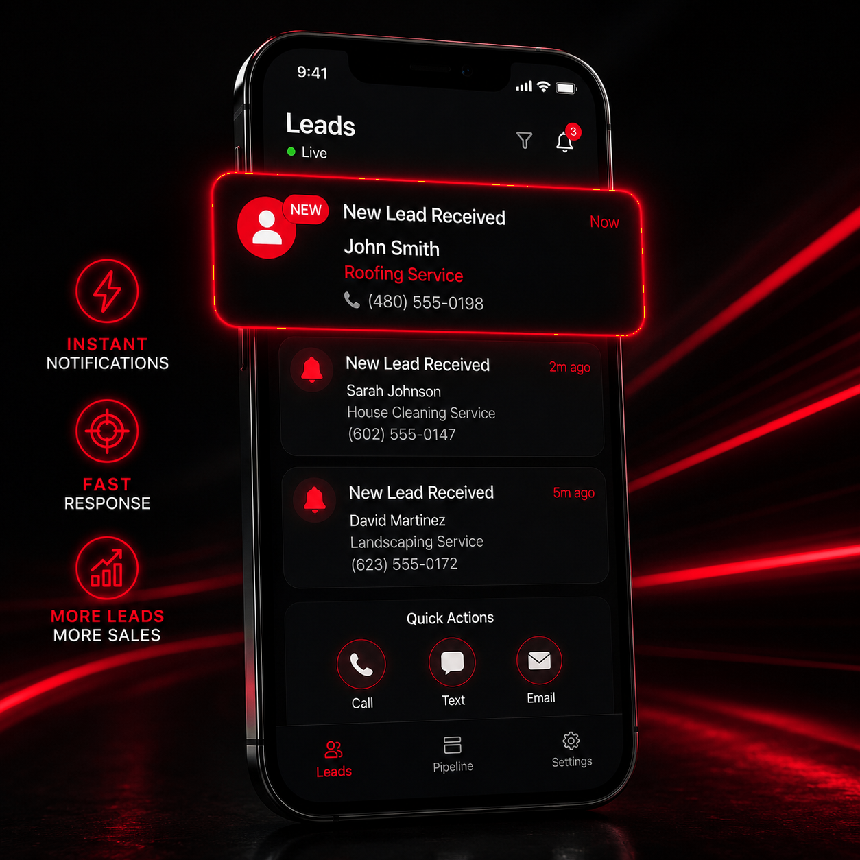 Mobile CRM showing instant new-lead notifications