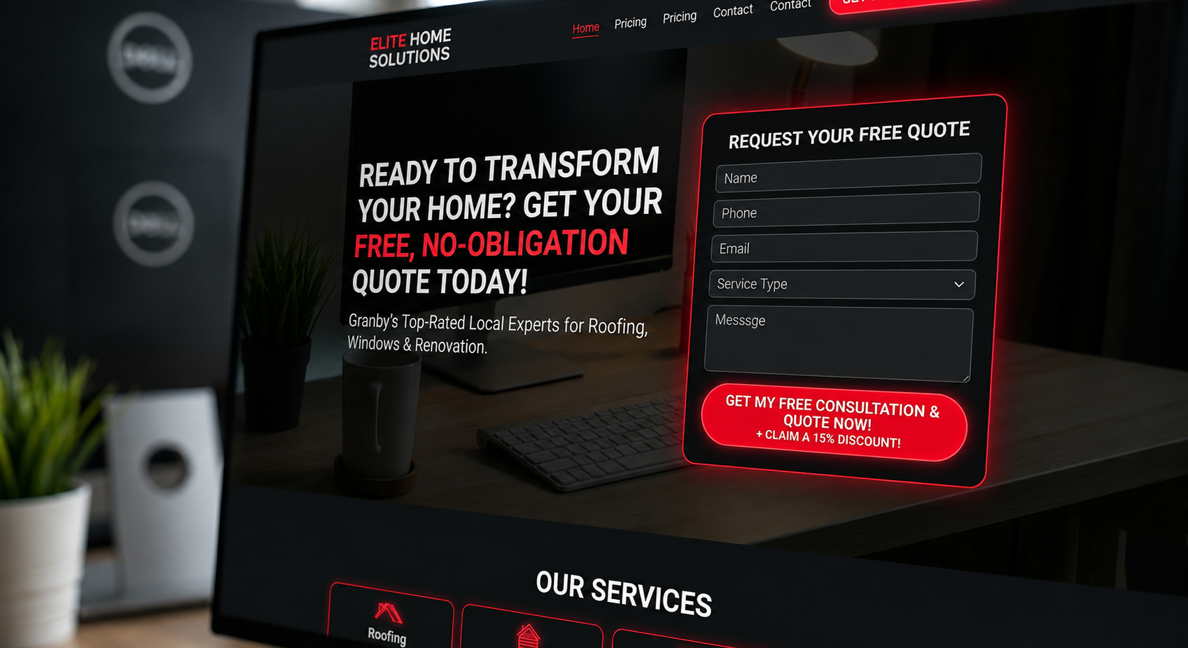 High-converting home-services quote funnel on a monitor