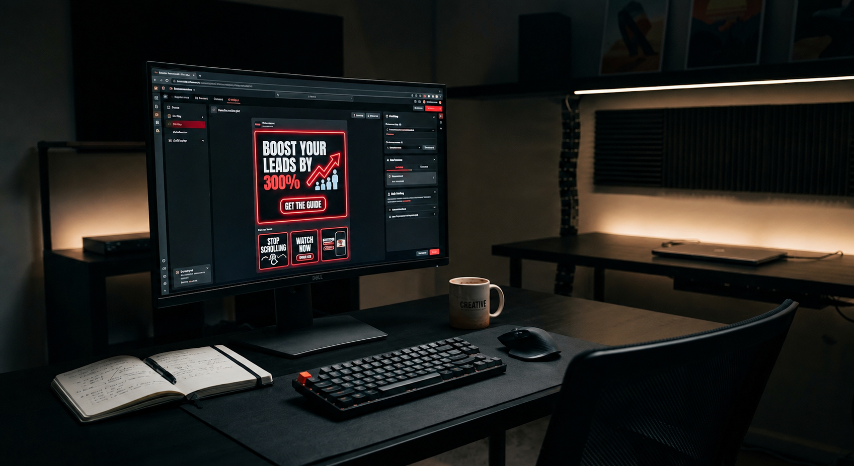 Paid advertising creative being built on a desktop monitor